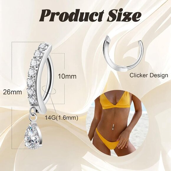 Titanium Belly Button Ring 14G Dangle CZ Teardrop Hypoallergenic Jewelry - Picture 2 of 6